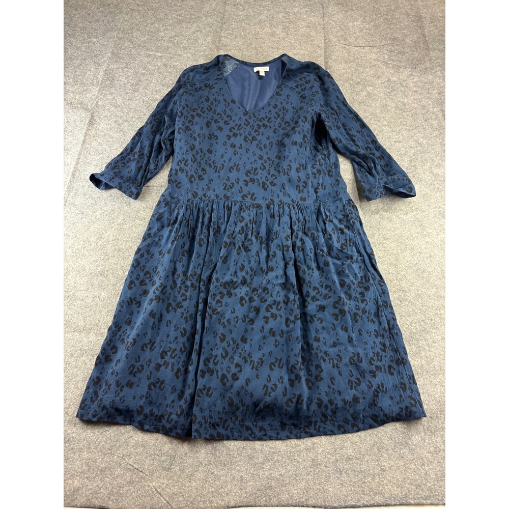 Garnet Hill Blue Black Leopard Print V-Neck Drop Waist Midi Dress Womens 10